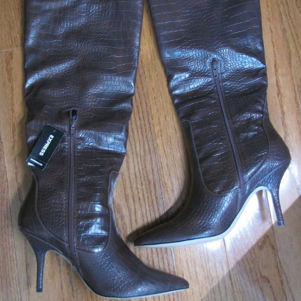 NEW Express Brown Knee High Textured 3.5" Heel Pointed Toe Boots 10